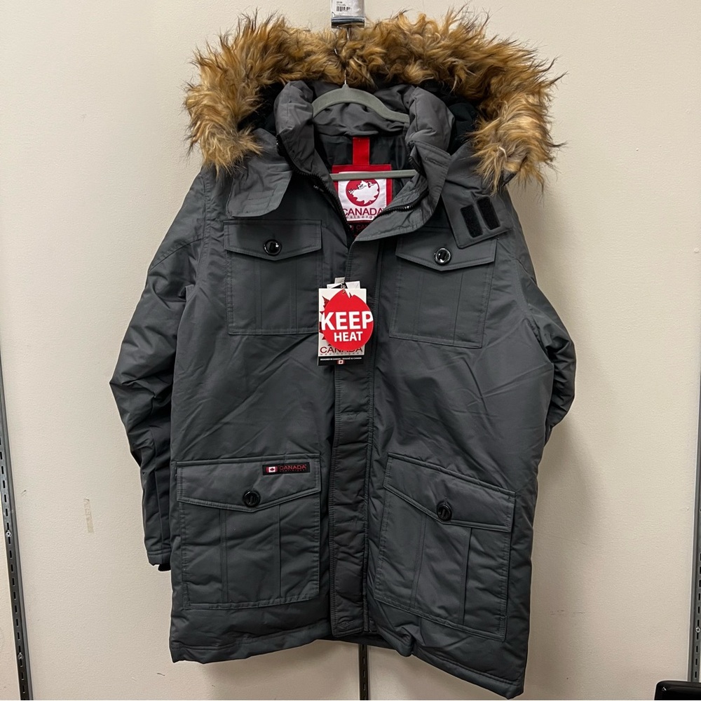 Canada Weather Gear - Men's Hooded Parka Jacket - Charcoal - Size L - New